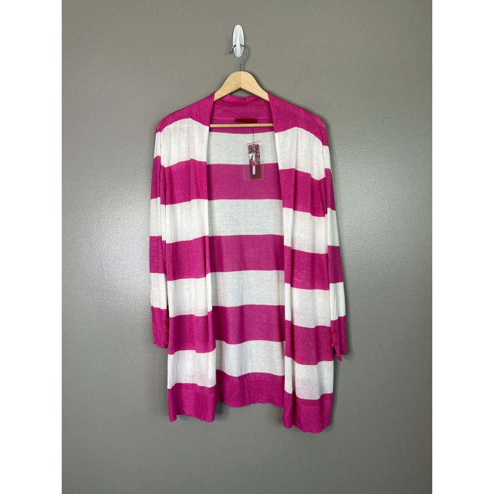 Pink white stripe light weight open‎ cardigan Xl Red office casual travel new